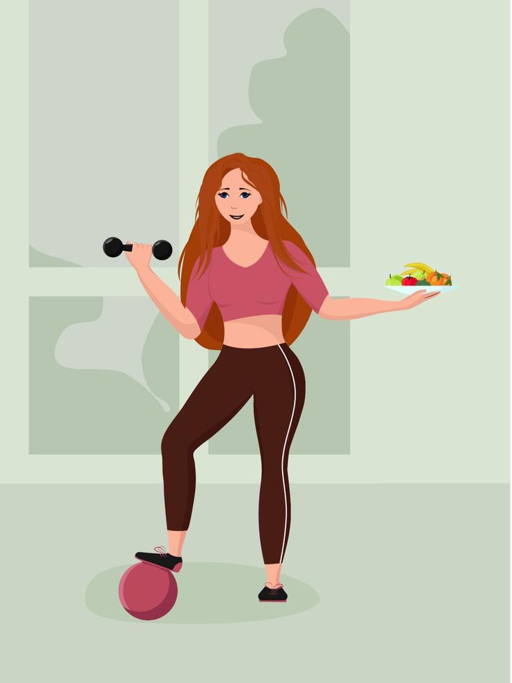 The girl goes in for sports in the gym and eats healthy. The concept of healthy habits, active lifestyle, fitness training, diet food, outdoor training. Modern flat vector illustration.