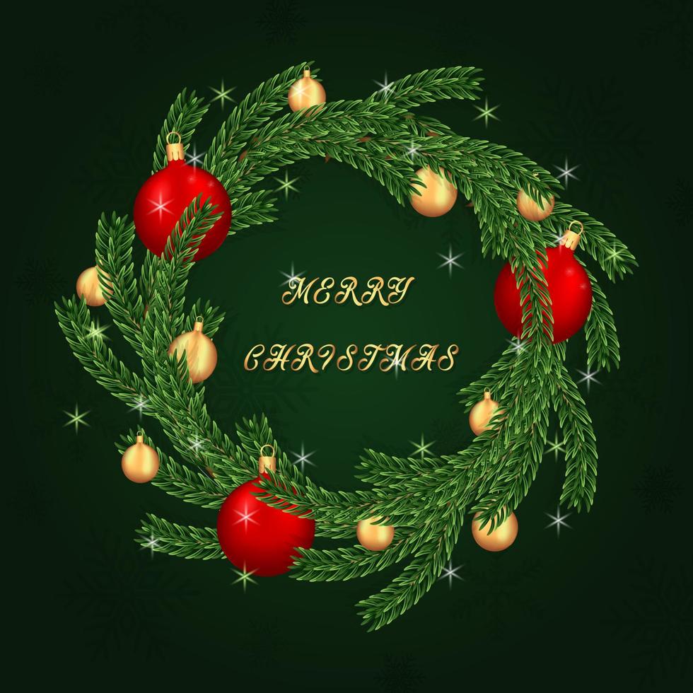 Christmas wreath made of naturalistic pine branches, decorated with gold and red balls. vector