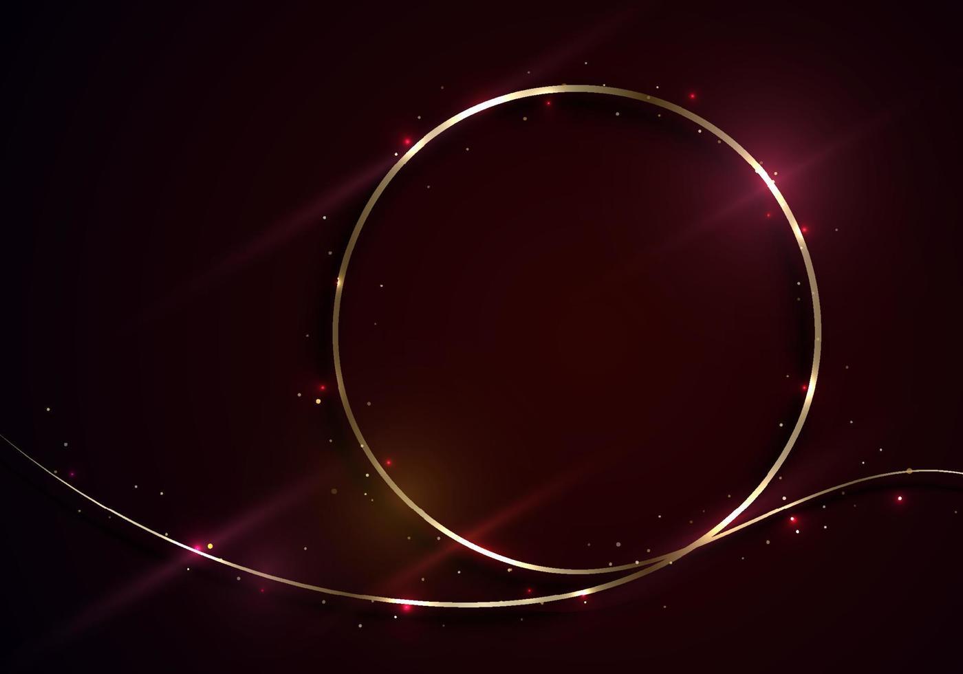 Abstract golden circles lines frame with lighting effect and gold glitter on red background luxury style vector