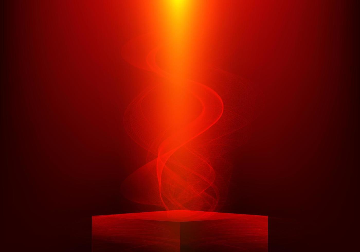 Forma de cubo de podio rojo vacío 3d con humo y foco vector