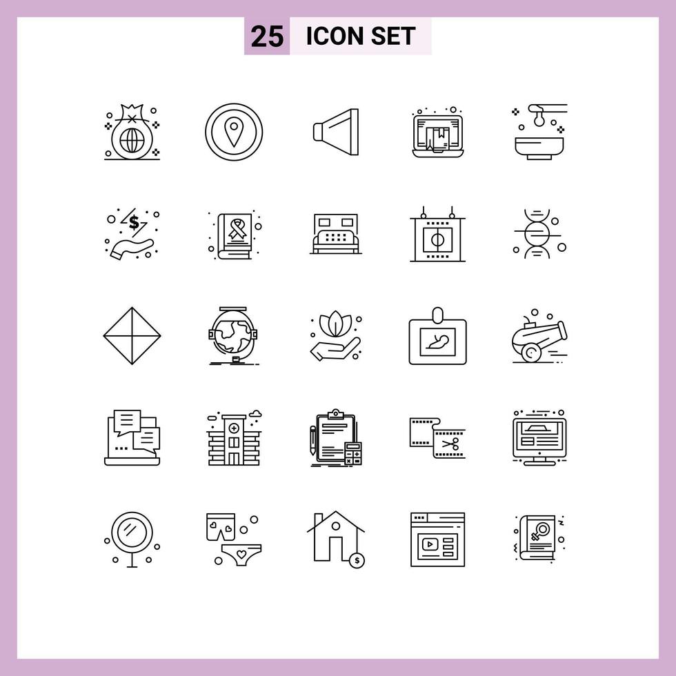 Pack of 25 Modern Lines Signs and Symbols for Web Print Media such as online commerce map marker e box Editable Vector Design Elements