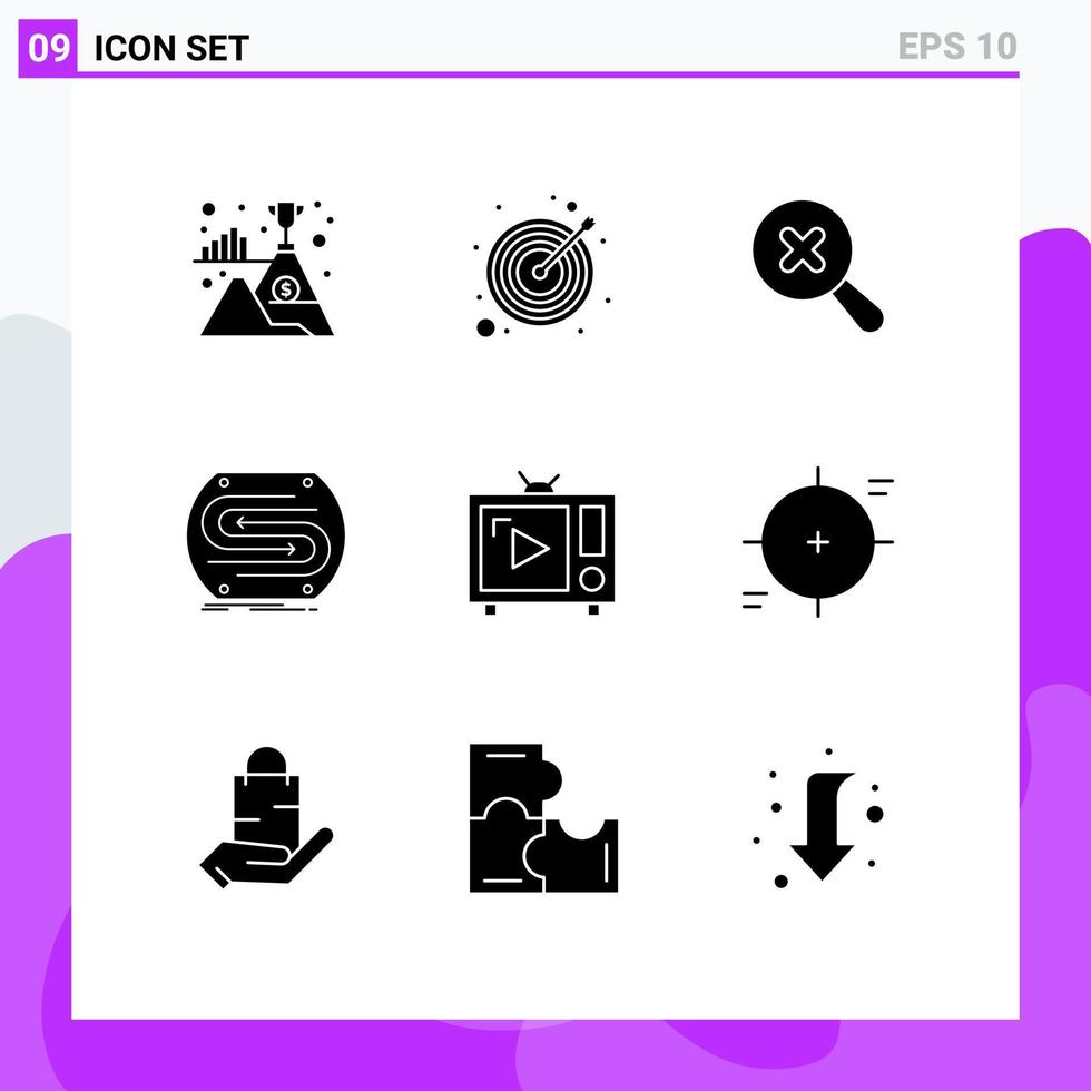paquete de glifos sólidos de 9 símbolos universales de tono de tv retro en elementos de diseño de vector editables de concepto de partido