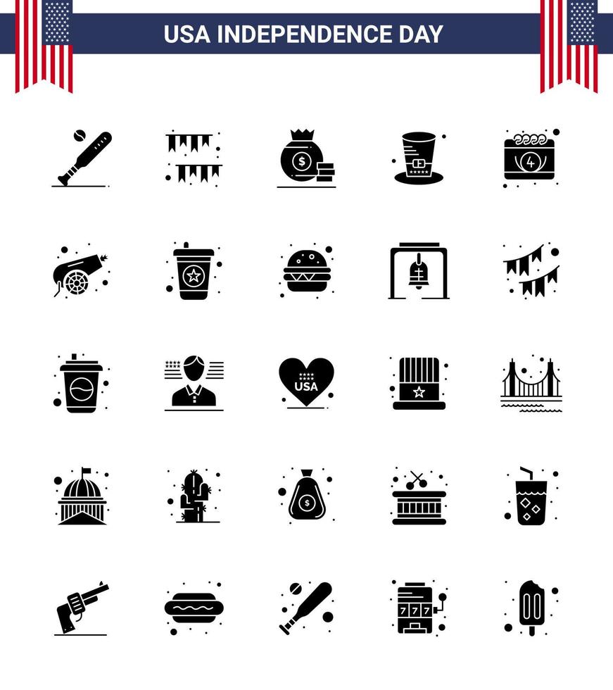 USA Independence Day Solid Glyph Set of 25 USA Pictograms of usa hat decoration day money Editable USA Day Vector Design Elements