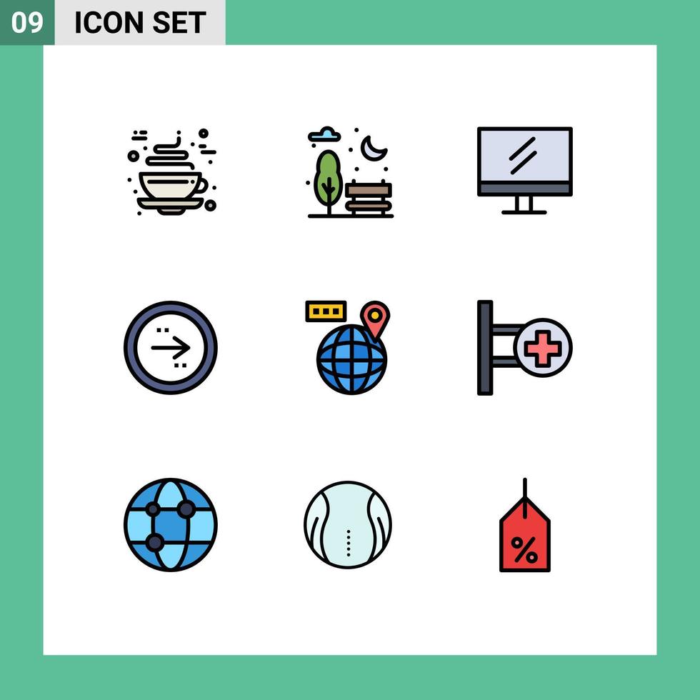 paquete de 9 signos y símbolos de colores planos de línea de llenado modernos para medios de impresión web, como elementos de diseño de vectores editables en la dirección correcta de la educación mundial de navegación