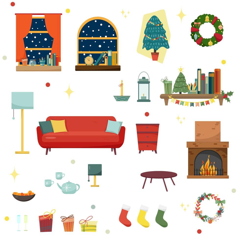 Set of colorful holiday interior design in house rooms with furniture icons. vector