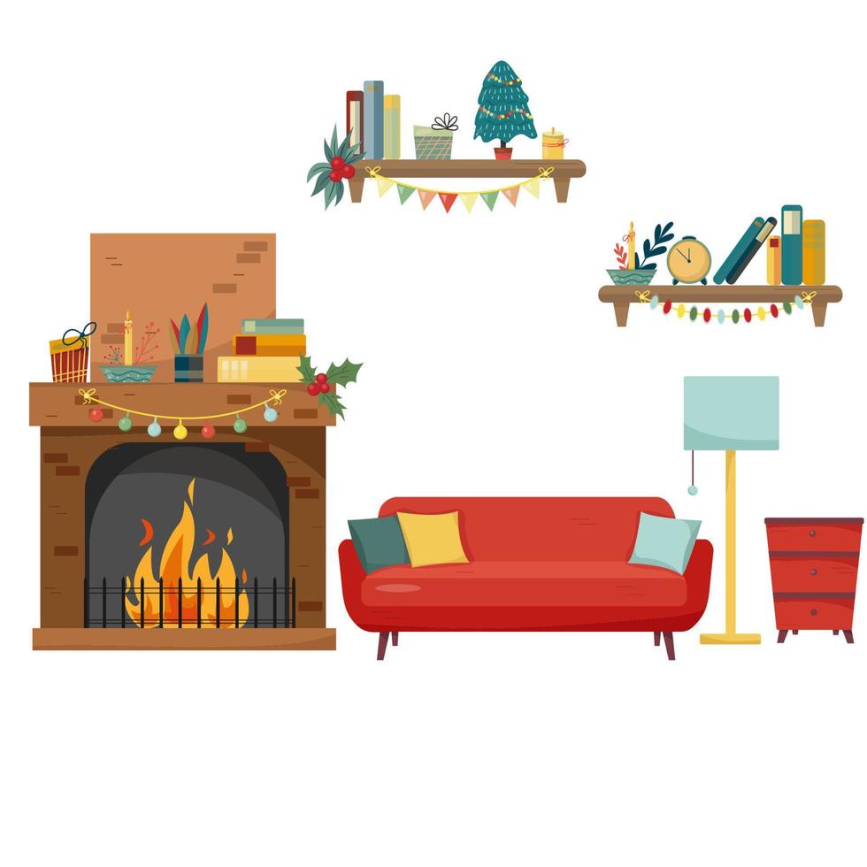 Christmas fireplace room interior in colorful cartoon flat style. vector