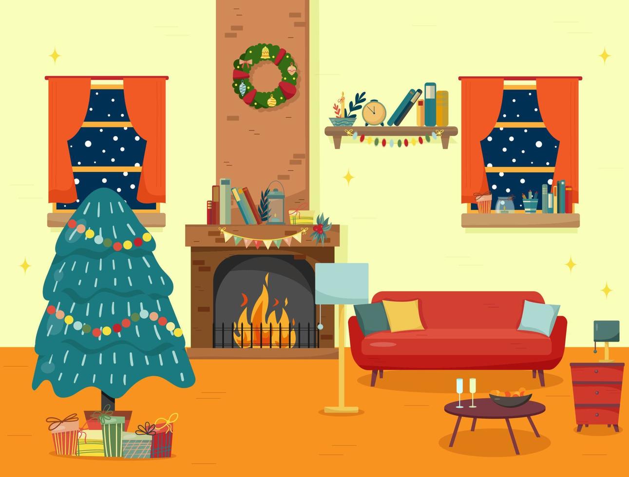 Christmas fireplace room interior in colorful cartoon flat style. vector