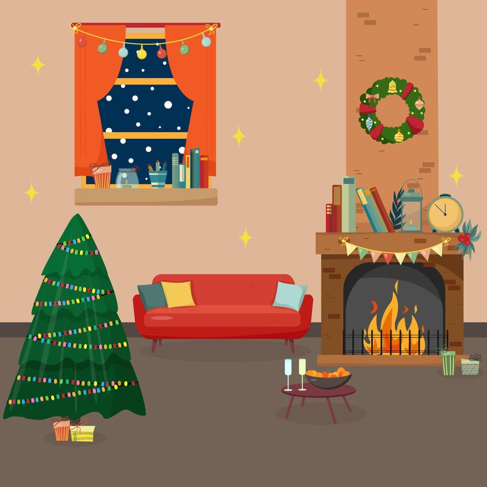 Christmas fireplace room interior in colorful cartoon flat style. vector