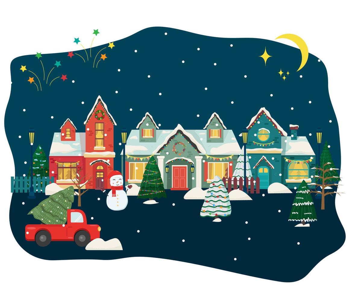Snowy night in cozy christmas town city panorama. Winter christmas village vector