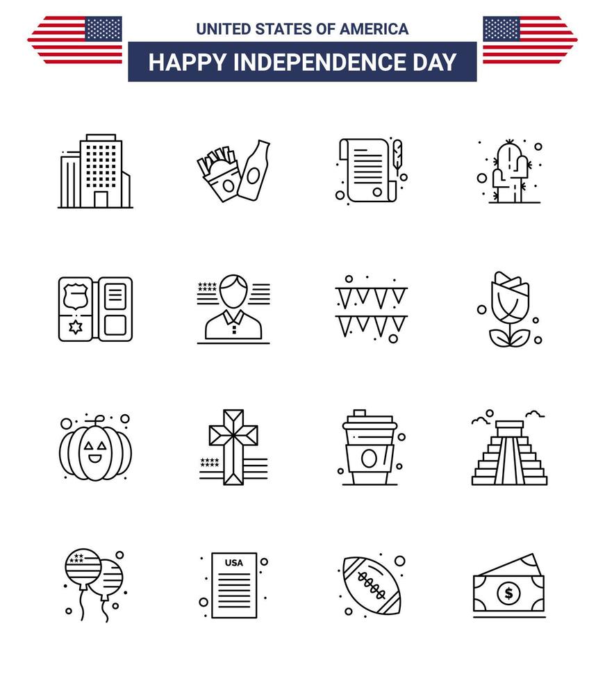 Set of 16 Vector Lines on 4th July USA Independence Day such as man american day shield desert Editable USA Day Vector Design Elements