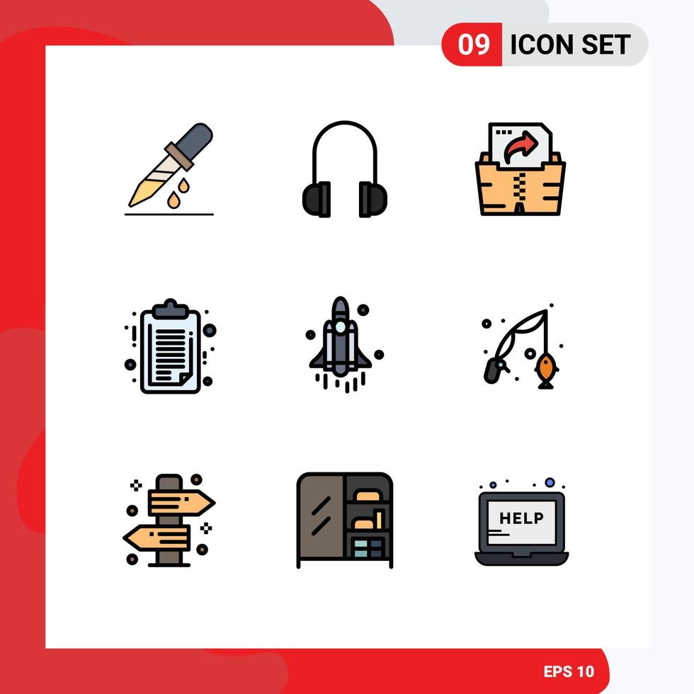 grupo de 9 signos y símbolos de colores planos de línea de llenado para elementos de diseño de vectores editables de informes de lanzamiento de archivos de cohetes tecnológicos