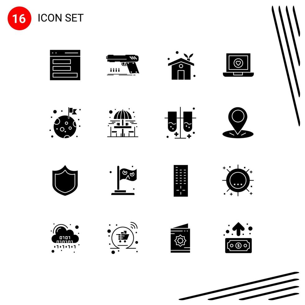 Pictogram Set of 16 Simple Solid Glyphs of flag heart weapon laptop greenhouse Editable Vector Design Elements