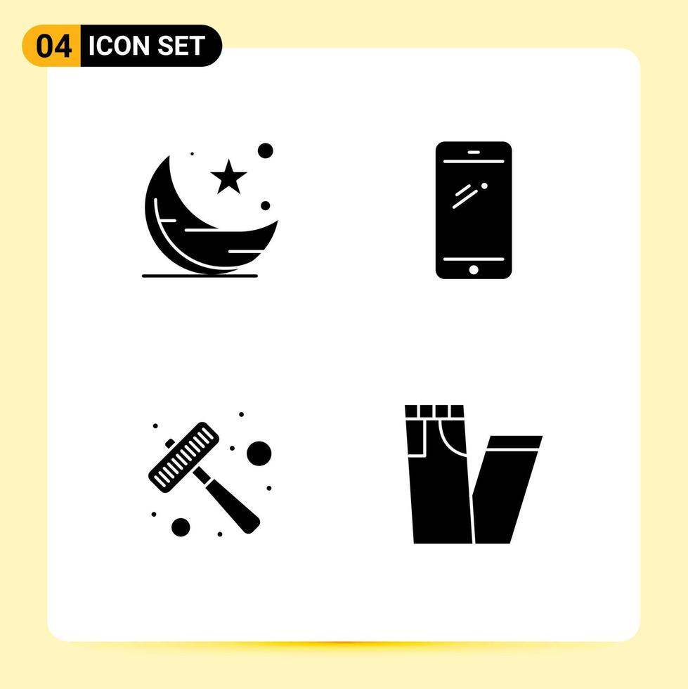 Group of 4 Modern Solid Glyphs Set for moon iphone night smart phone kitchen utensils Editable Vector Design Elements