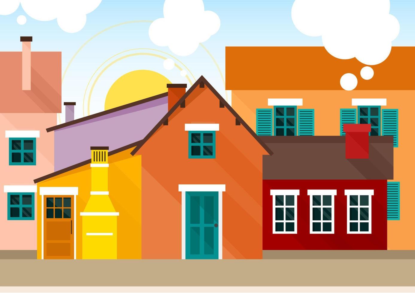 Yellow, orange and red bright Scandinavian style houses with smoke from chimneys vector