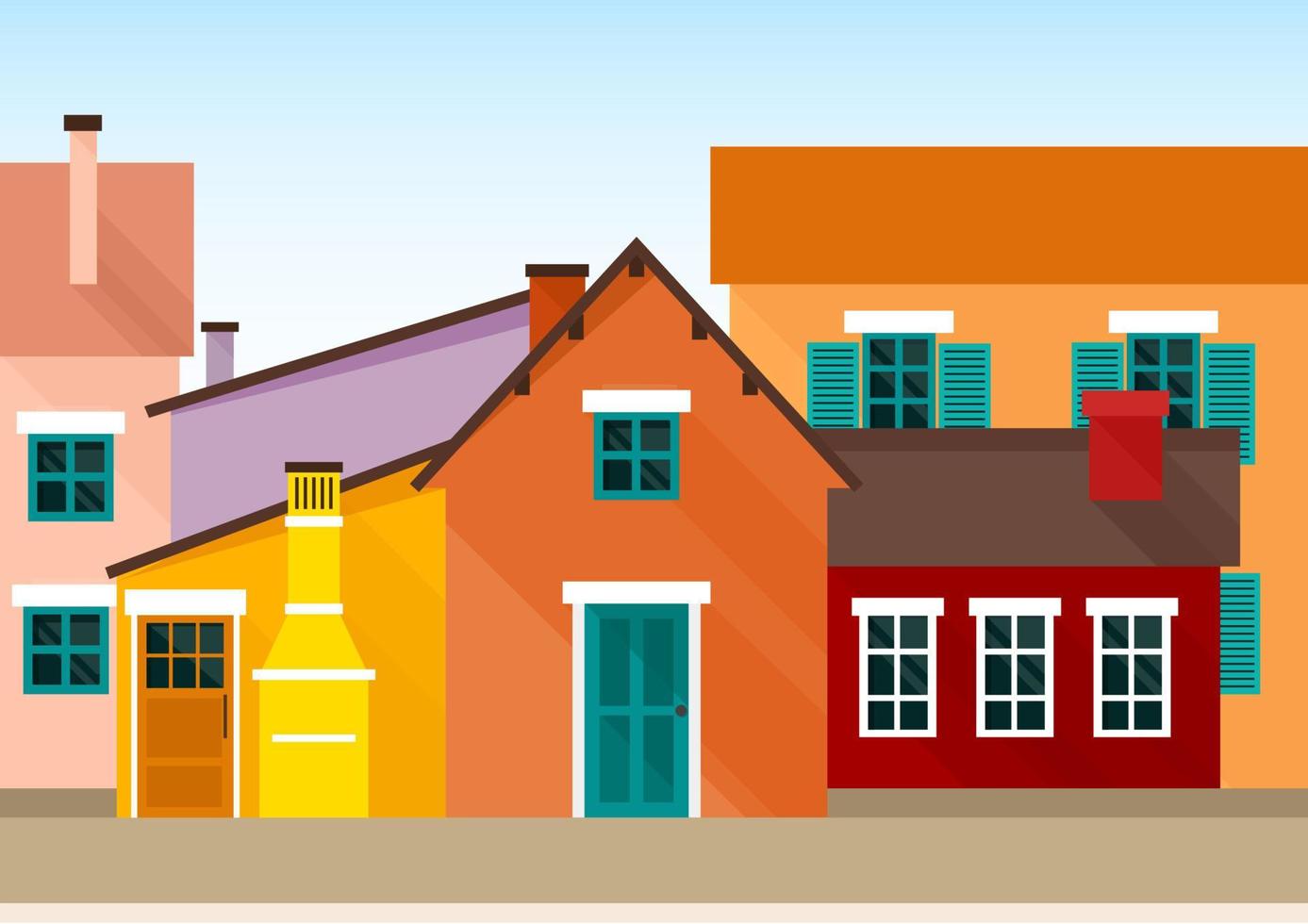 paisaje urbano de muchas casas de estilo escandinavo de color amarillo brillante, rojo y naranja vector