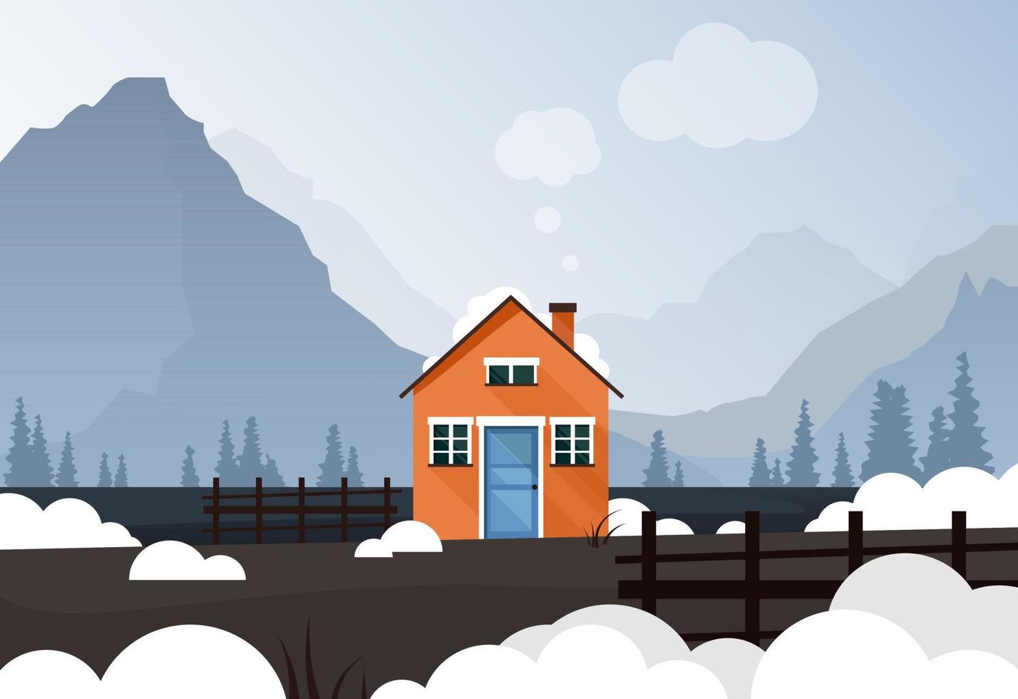 A small orange house in the Scandinavian style stands alone surrounded by mountains, forest and snow. vector