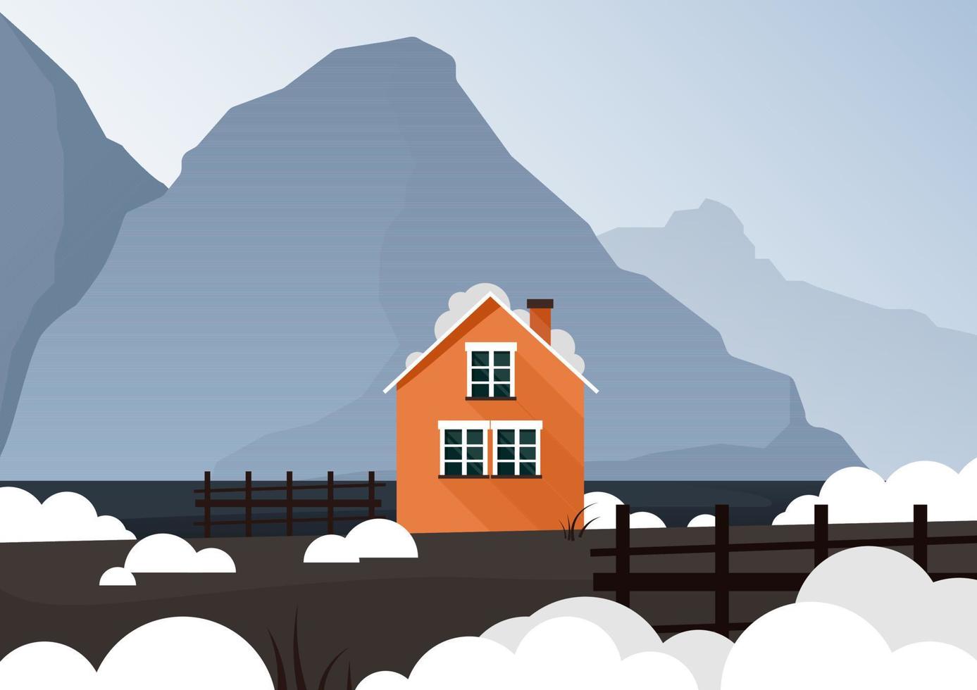 A bright orange house stands among the mountains in winter vector