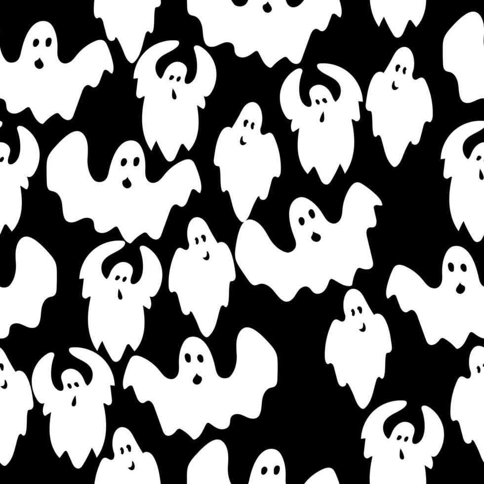 Seamless pattern of randomly placed flying ghosts, white spirits in doodle style on a black background vector