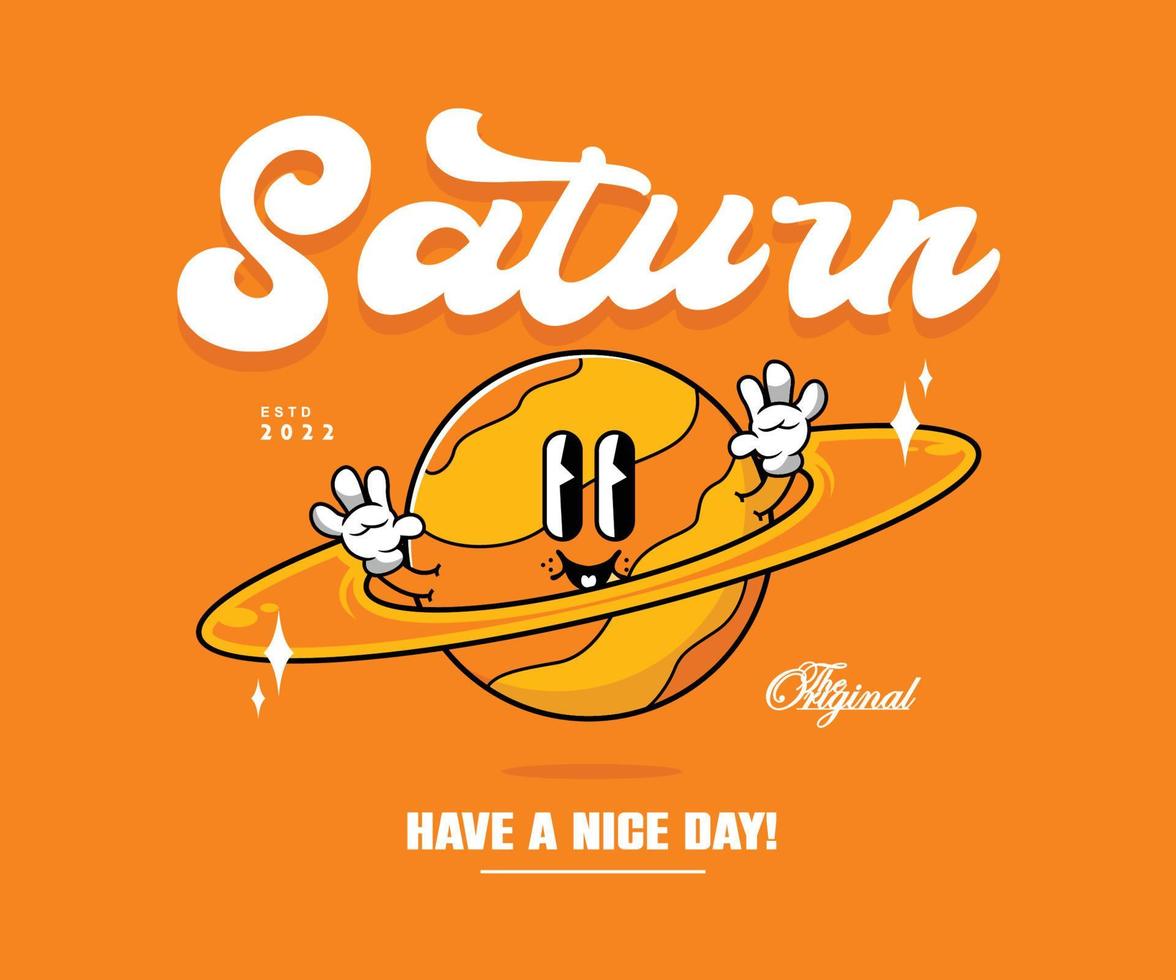 cartel retro personaje de dibujos animados del planeta saturno diseño gráfico para ropa de calle de camiseta y estilo urbano vector