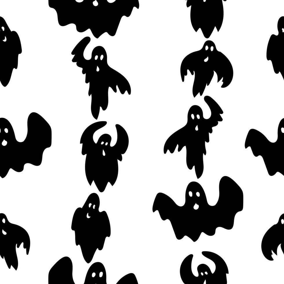 Seamless pattern of vertically arranged flying ghosts, black spirits in doodle style on a white background vector