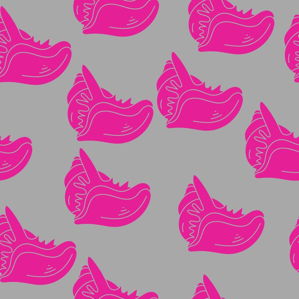 seamless pattern silhouettes of molluscs with spiral shell, pink seashells on gray background vector