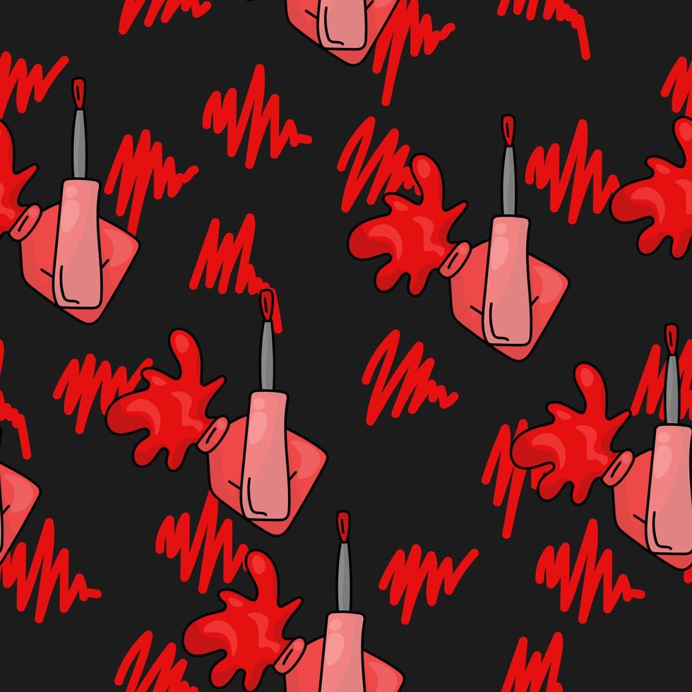 Seamless pattern of red bottles with nail polish, bright splashes and strokes on a dark gray background vector