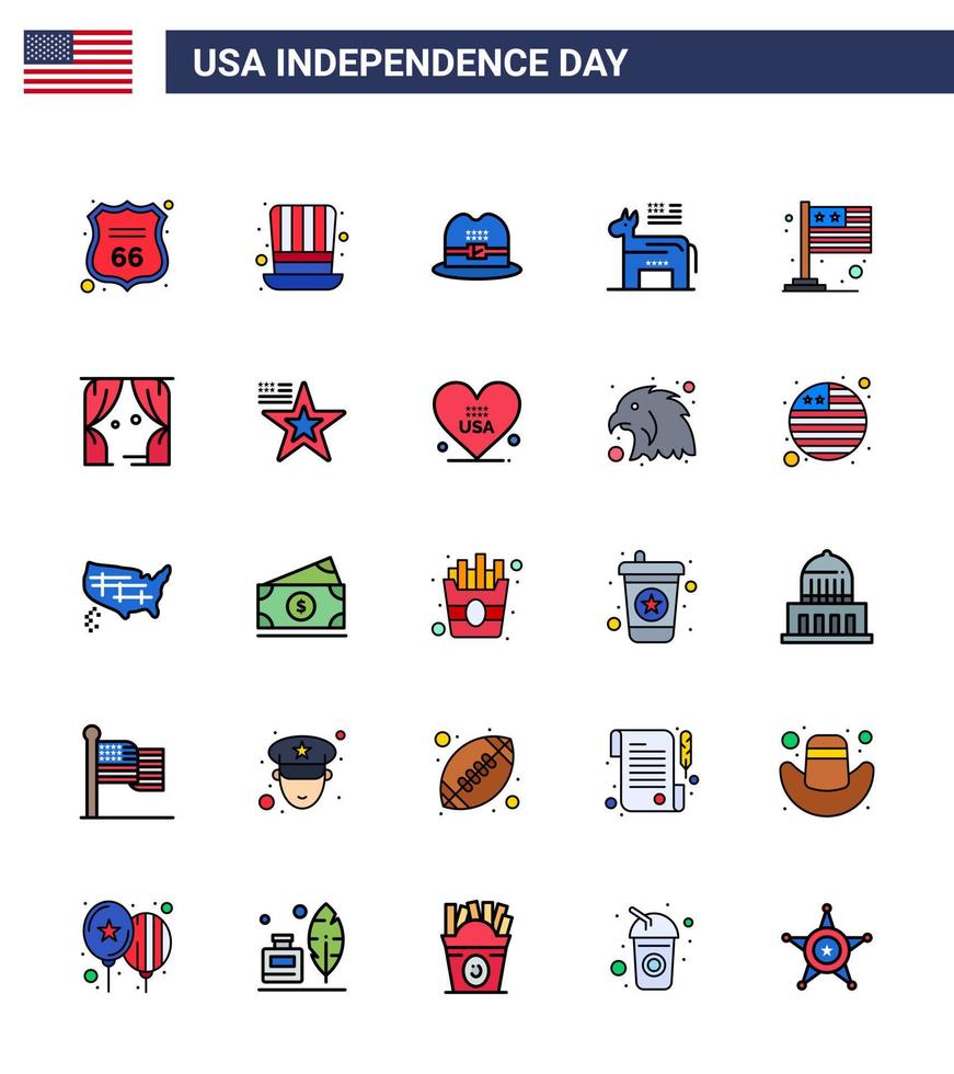 Happy Independence Day 25 Flat Filled Lines Icon Pack for Web and Print international country hat symbol american Editable USA Day Vector Design Elements