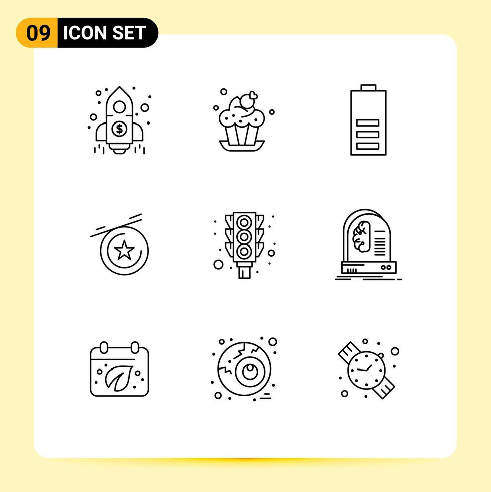 Pack of 9 Modern Outlines Signs and Symbols for Web Print Media such as traffic light battery medal half Editable Vector Design Elements