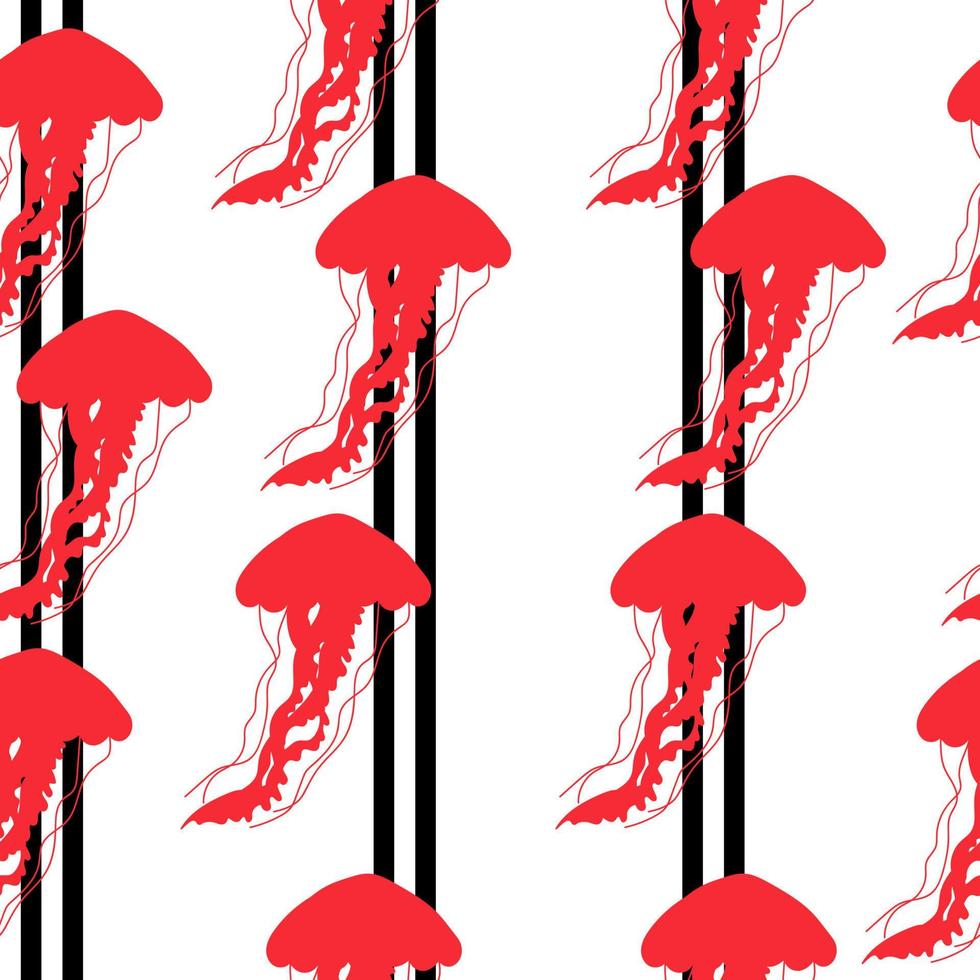 Red silhouette of jellyfish on vertical stripes seamless pattern, bright silhouettes of underwater animals on a white background vector