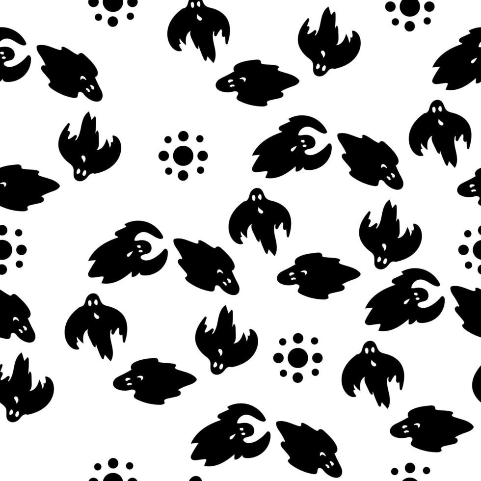 patrón impecable de círculos dispuestos de fantasmas y puntos voladores, espíritus negros en estilo garabato sobre un fondo blanco vector