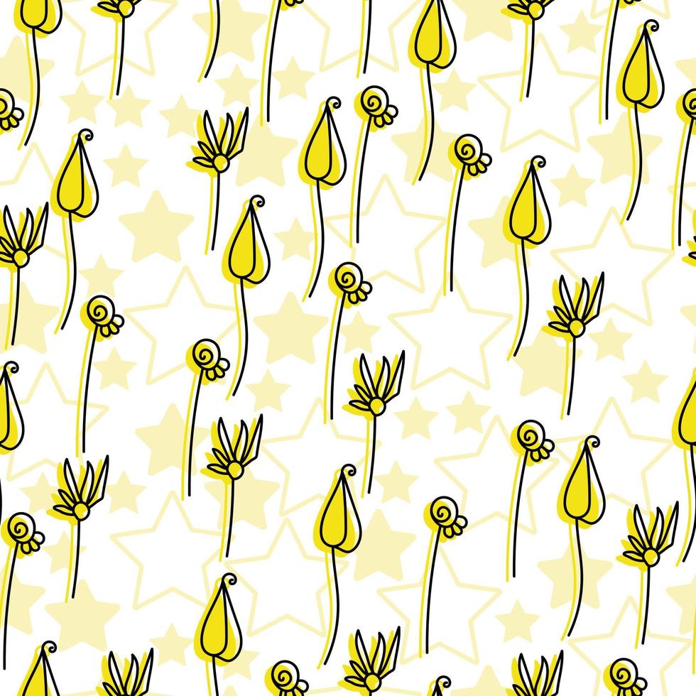 Seamless pattern of delicate doodle flowers with a yellow silhouette and various stars on a white background vector