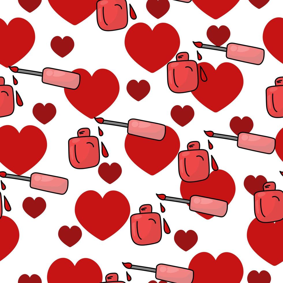 Seamless pattern of red bottles with nail polish and big and small hearts on a white background vector