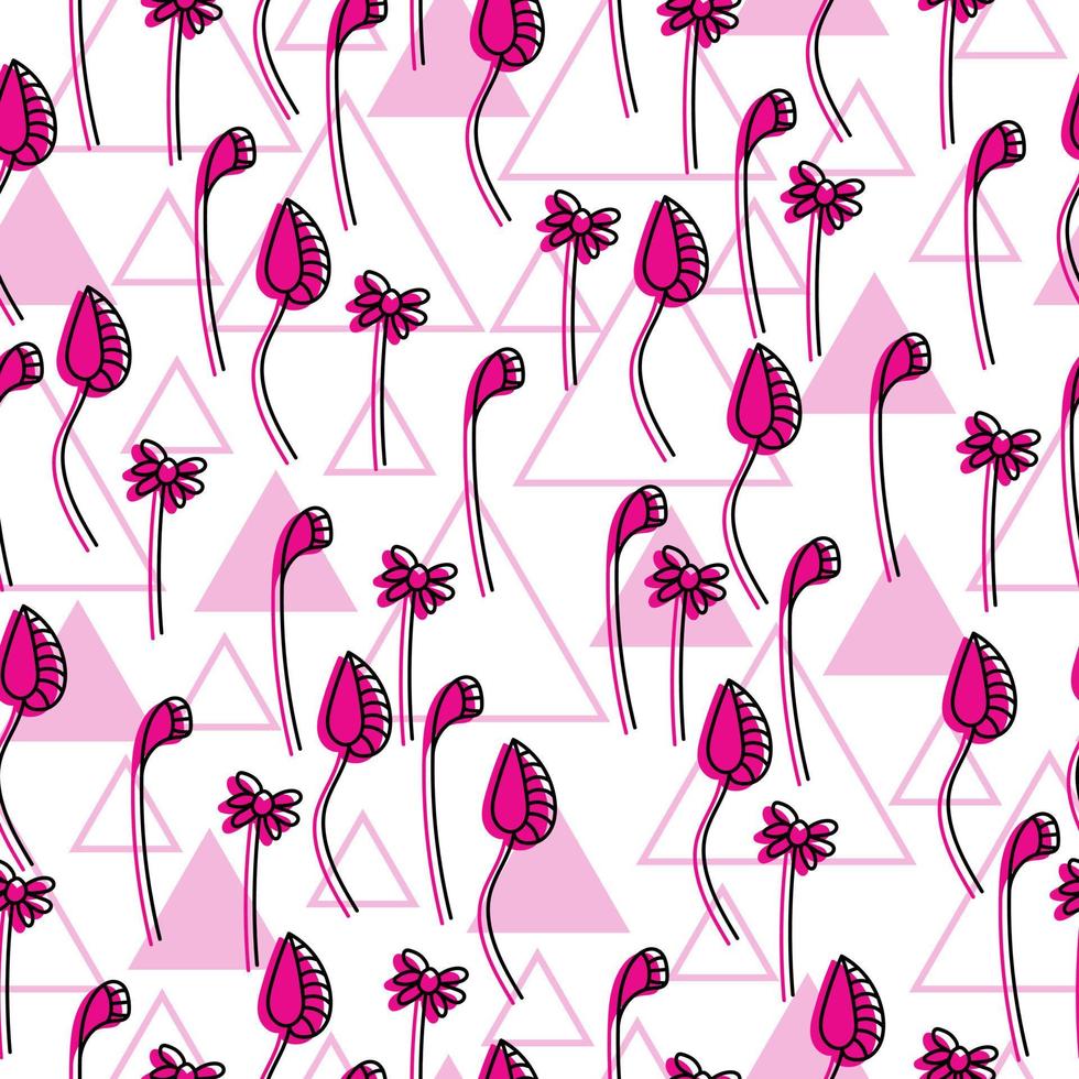 Seamless pattern of delicate doodle flowers with a pink silhouette and various triangles on a white background vector