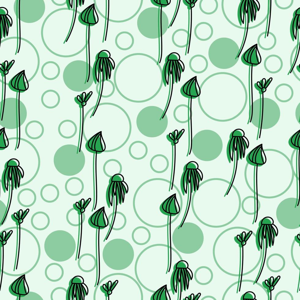 Seamless pattern of delicate doodle flowers with a green silhouette and different circles on a light green background vector