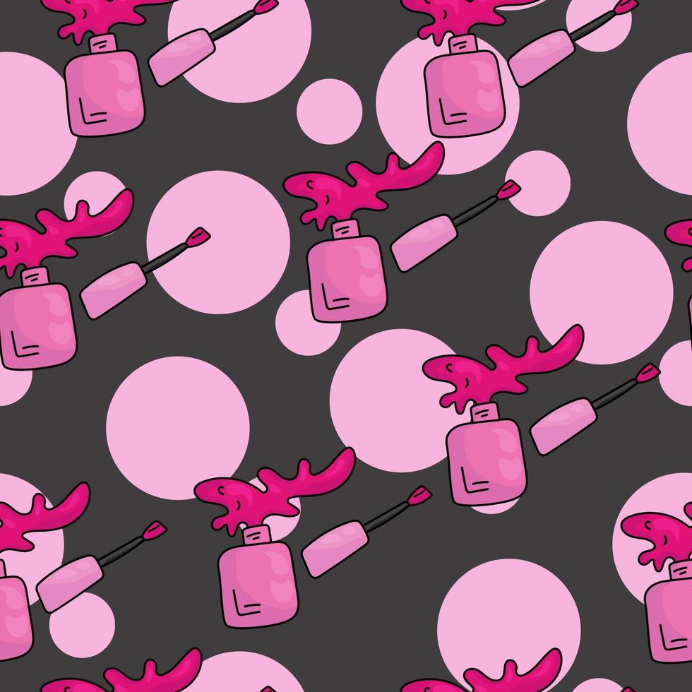 Seamless pattern of pink bottles with nail polishes, splashes and pink circles on a gray background vector