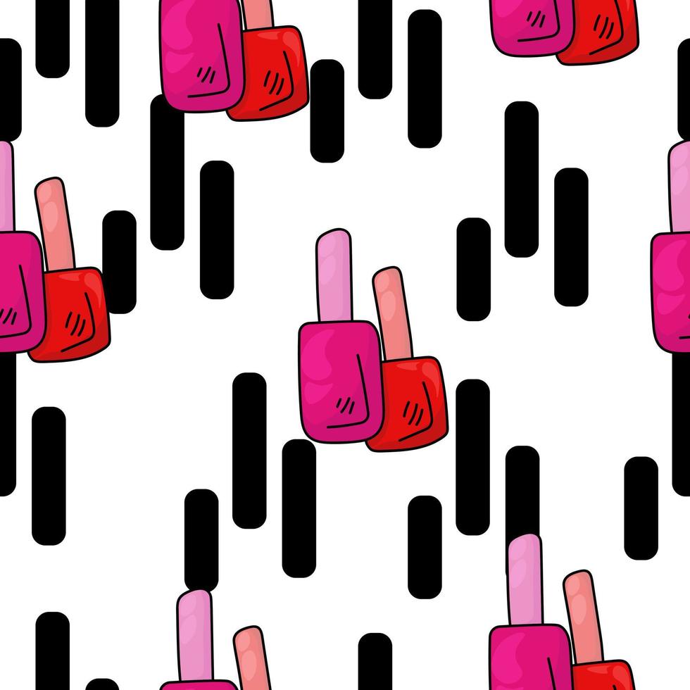 Seamless pattern of red and pink bottles with nail polish and black vertical stripes on a white background vector