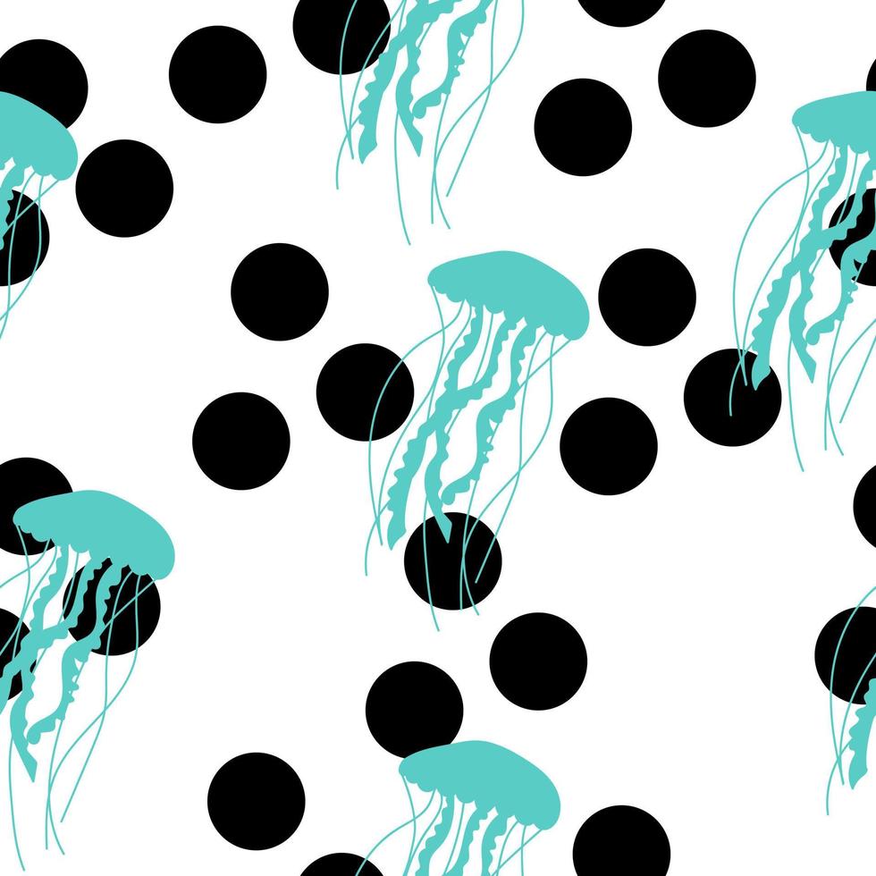 Blue silhouette of jellyfish with black spots in the form of circles seamless pattern, bright silhouettes of underwater animals on a white background vector