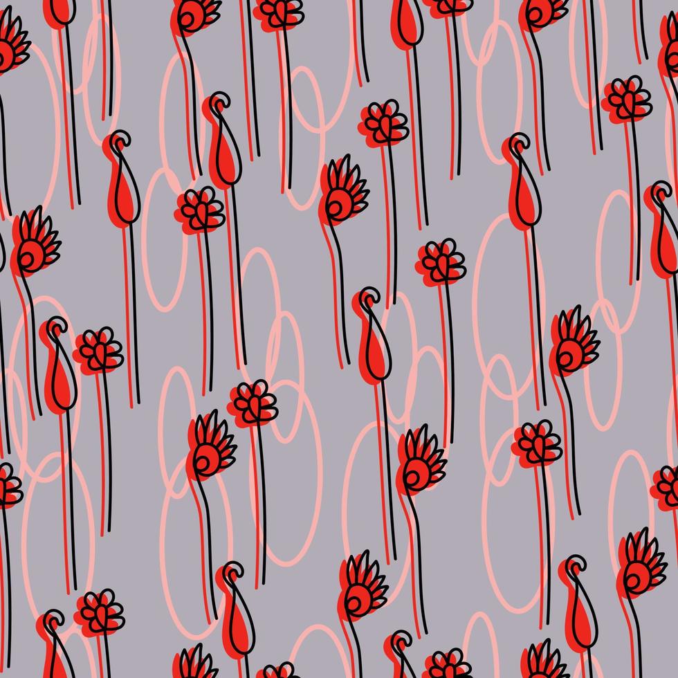 Seamless pattern of delicate doodle flowers with a red silhouette and contour ovals on a gray background vector