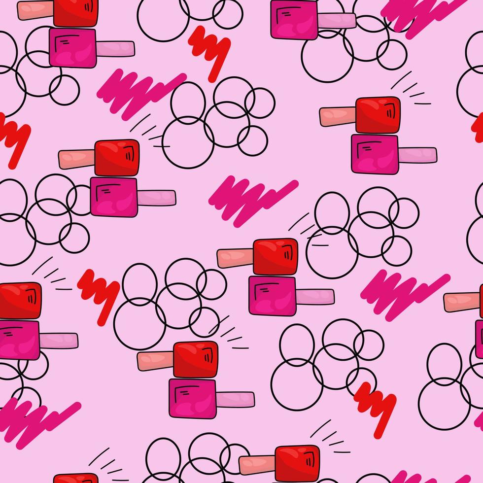 Seamless pattern of bright bottles with nail polishes, colored strokes and outline circles on a light pink background vector