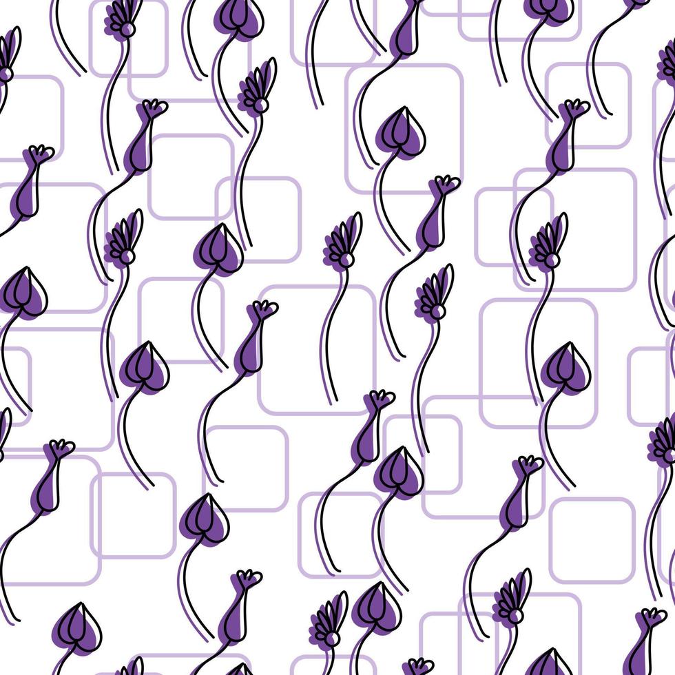 Seamless pattern of delicate doodle flowers with a purple silhouette and contour squares with rounded corners on a white background vector