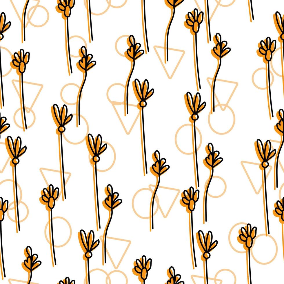 Seamless pattern of delicate doodle flowers with orange silhouette and contour geometric shapes on a white background vector