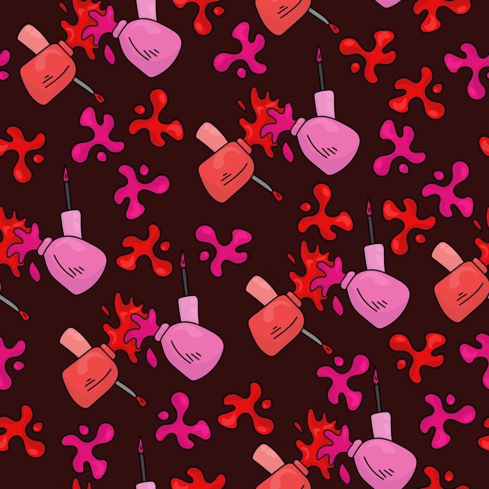 Seamless pattern of pink and red bottles with nail polishes, multicolored splashes and brushes on a dark red background vector