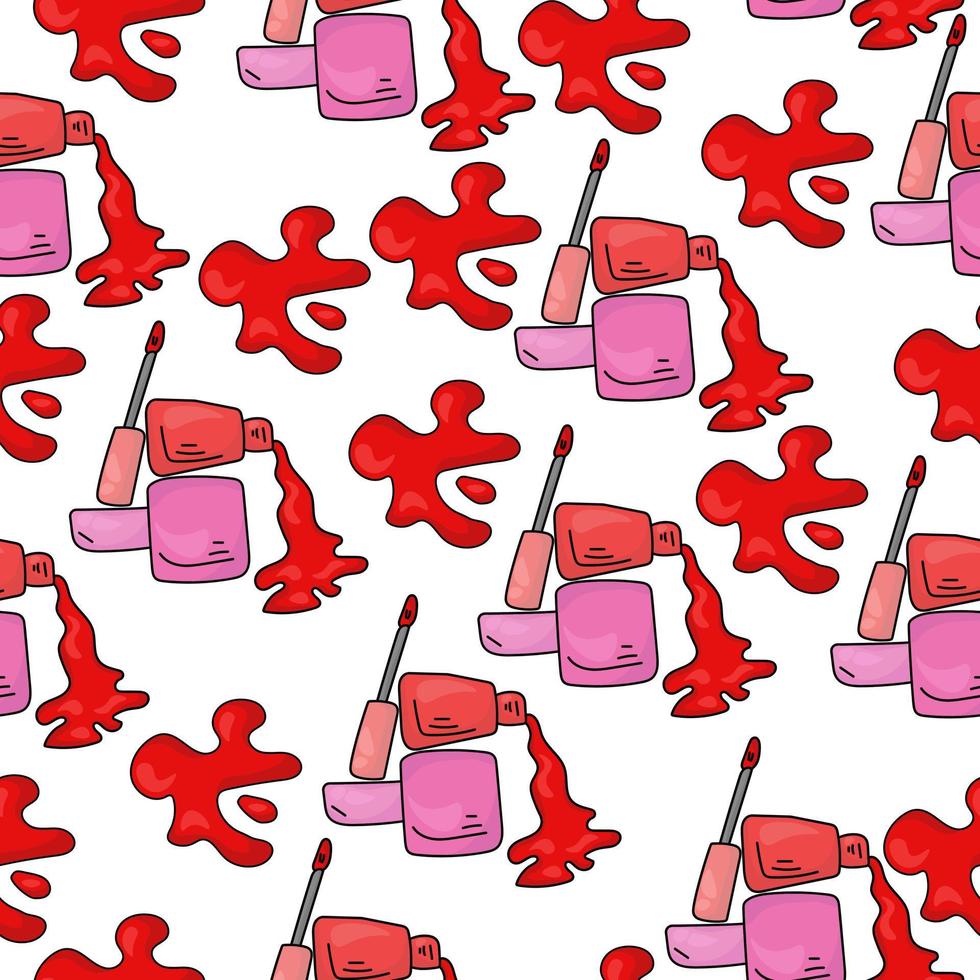 Seamless pattern of red and pink nail polishes, red bright spot and bottles with varnish on a white background vector