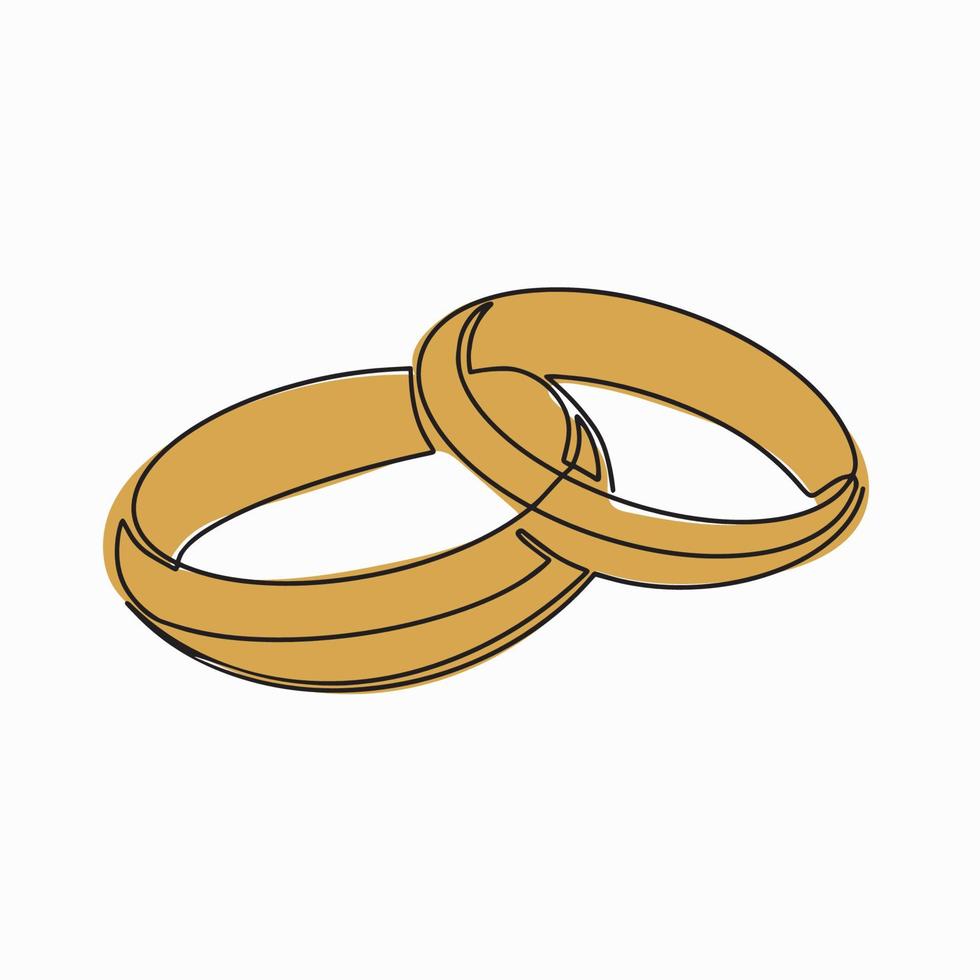 A continuous pattern of two rings. An icon of wedding rings on a white background. Fashionable minimalist illustration. Drawing in one line. Vector illustration