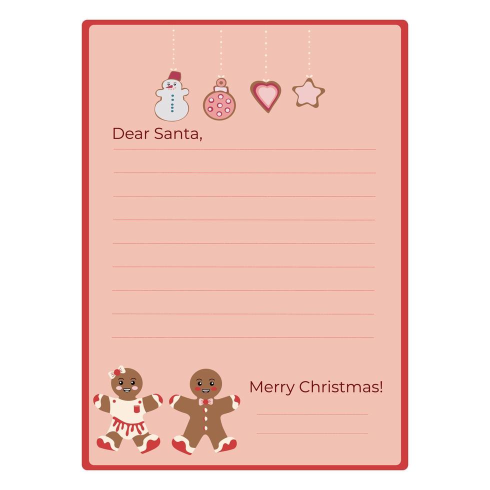 Template for a Christmas letter to Santa Claus. Flat design. Vector illustration. Decorated paper sheet with gingerbread