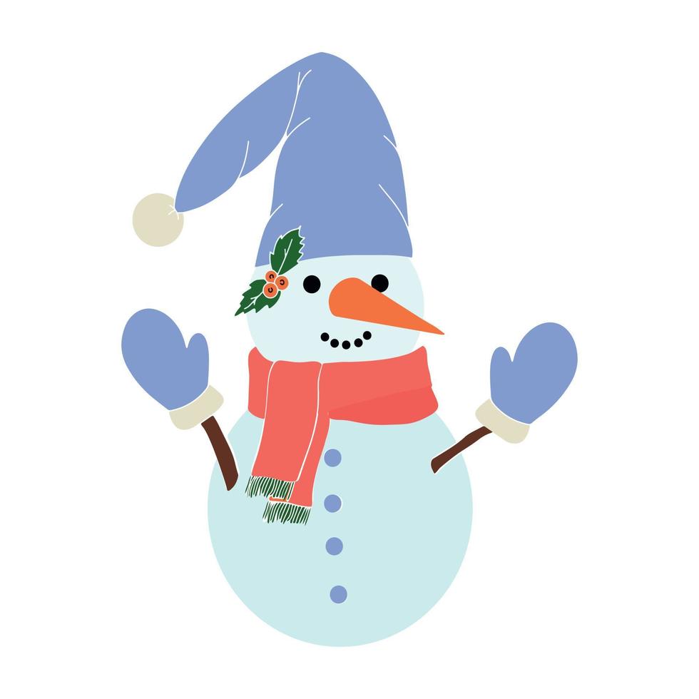 Cute Christmas snowman in a hat. Festive winter concept. Vector illustration isolated on white background. For printing on fabric, postcards, canvas