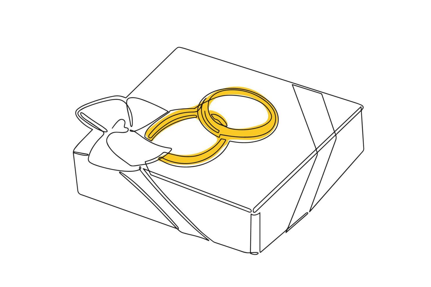 anillos de boda en una caja de regalo con un lazo. dibujo continuo en una línea vector