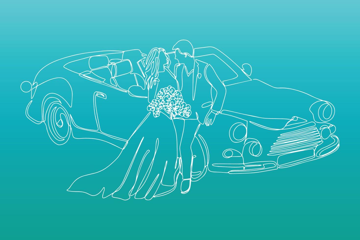 un dibujo lineal continuo de parejas que se aman casándose. los recién casados están parados junto a un auto convertible. vector