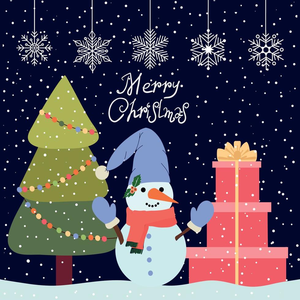 lindo muñeco de nieve de navidad, árbol de navidad y regalos. concepto festivo de invierno. ilustración vectorial aislada en un fondo azul. para imprimir en tela, postales, lienzos. vector