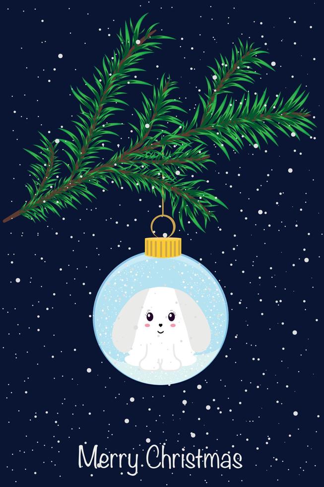 Beautiful Christmas card. A Christmas tree toy with a rabbit, the symbol of 2023, hangs on a branch vector